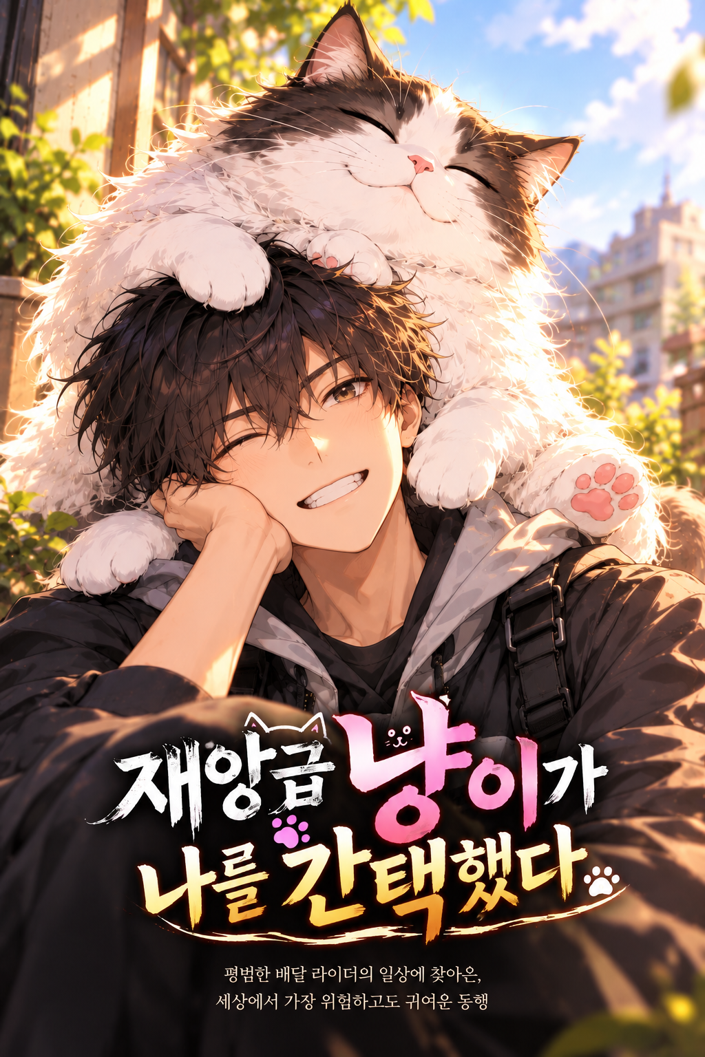 재앙급 냥이가 나를 간택했다 표지 — 청년의 머리 위에 올라앉은 커다란 고양이